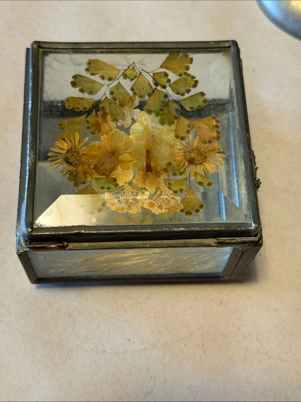 Vintage trinket box with metal edges and dried flowers on top. Mirror bottom.